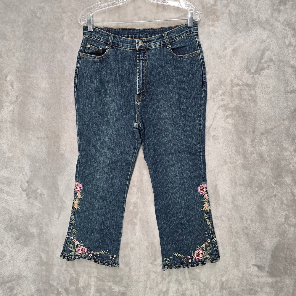 SHY GER Embroidered Jeans Womens 31 Blue Floral Ruffle Hem Cropped Boho Y2K